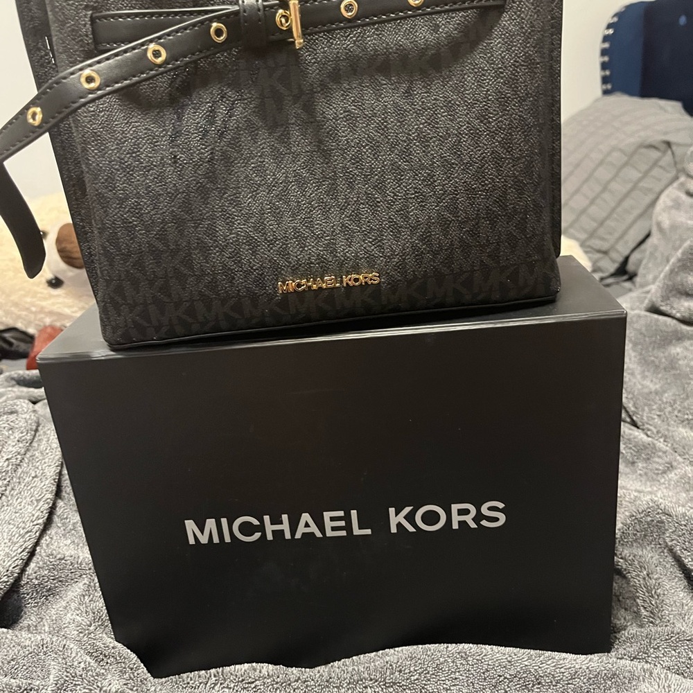 Michael Kors Black Monogram Messenger Bag with Gold Hardware